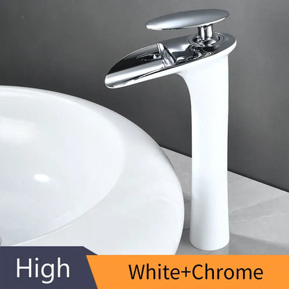 DecorBites™ black waterfall bathroom faucet mixer tap with white ceramic base and sleek chrome curved spout for basin faucets modern design