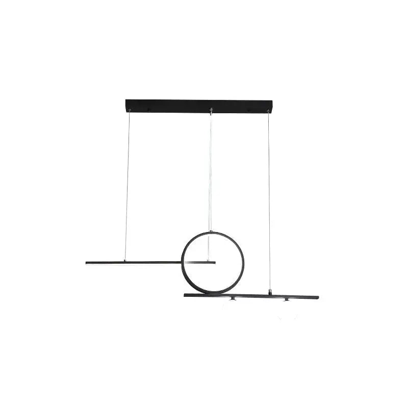 Modern black and white metal suspension light with geometric bar and circle design for dining room island lighting