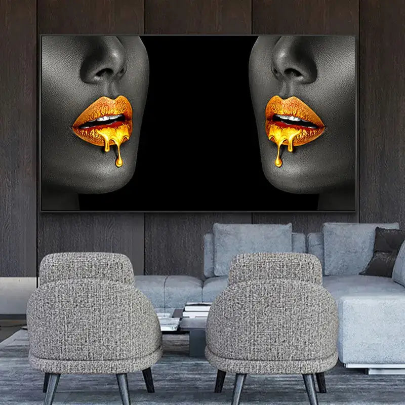 DecorBites™ black women oil painting featuring two symmetrical black-and-white faces with golden lips dripping oil