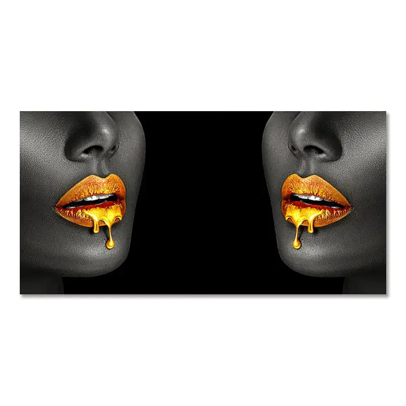 Decorbites™ black women lips oil painting featuring striking black and white canvas with golden lips dripping
