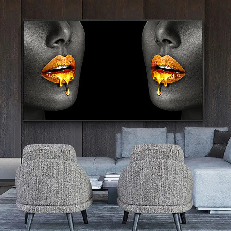DecorBites black women lips oil painting features a black-and-white canvas with golden-orange lips dripping molten gold