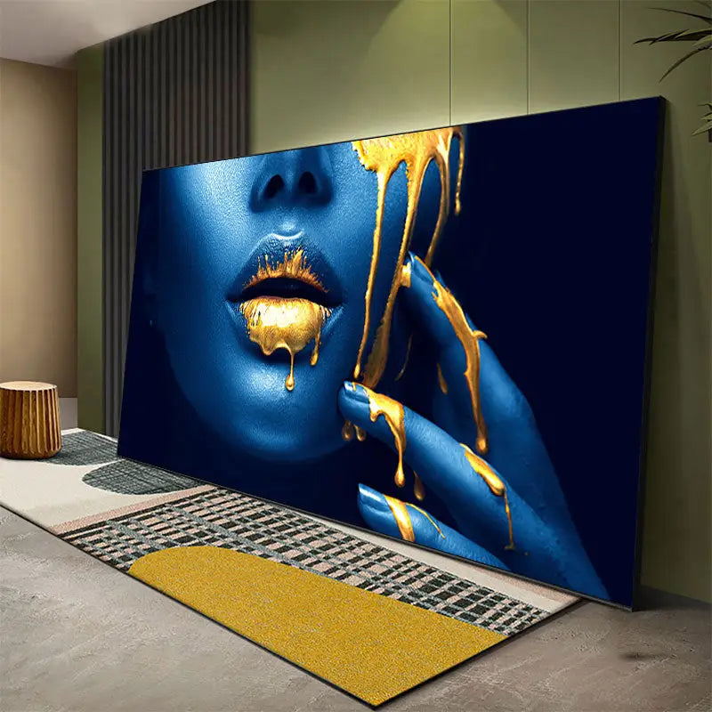 Decorbites™ oil painting of black women with golden lips featuring a blue and gold abstract portrait canvas