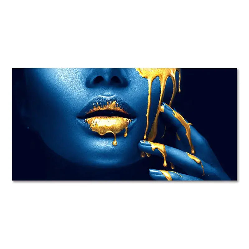 Decorbites™ oil painting of black women featuring a striking blue face with golden lips oil dripping from fingers