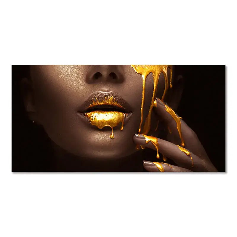 A striking oil painting canvas print from decorbites™ featuring black women with golden lips and dripping paint against dark background