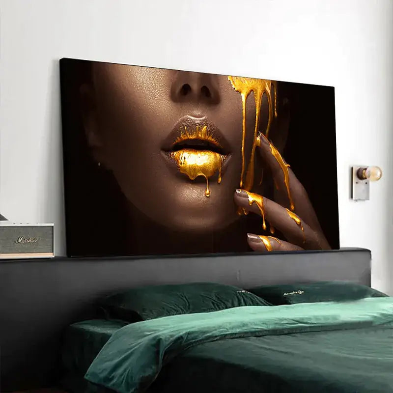 Decorbites™ black women oil painting of lips oil with golden liquid on black canvas mounted above a bed