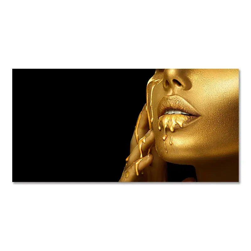 Decorbites™ golden face oil painting of black women with metallic lips and dripping gold paint profile art print