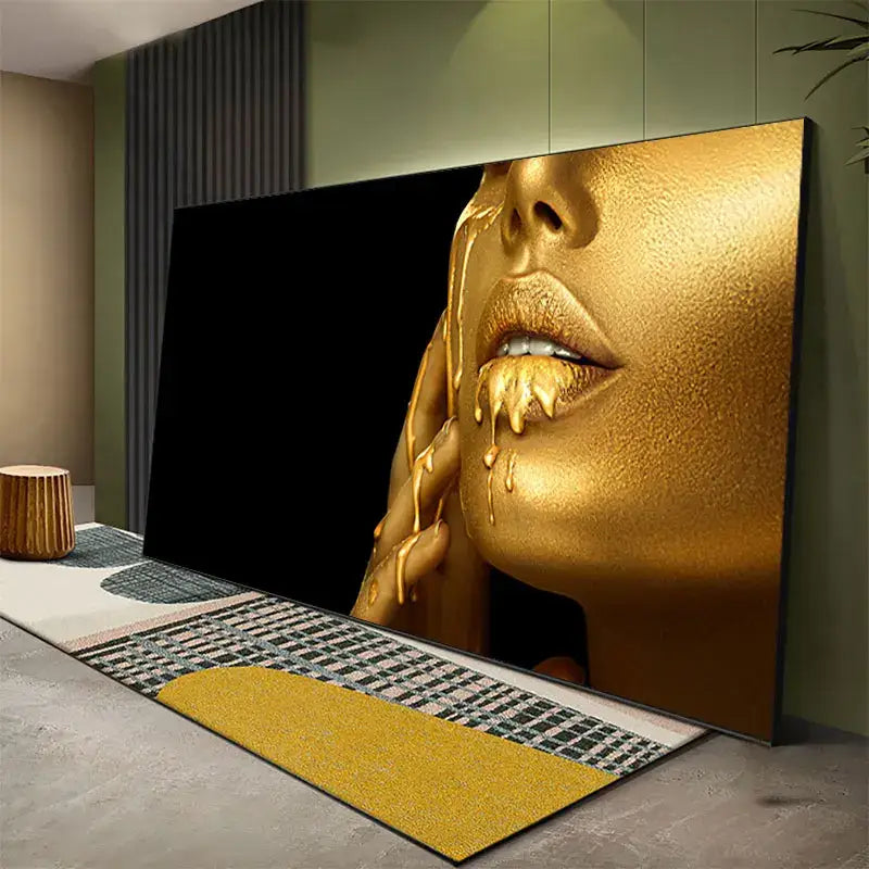 DecorBites™ gold-toned oil painting canvas of black women with golden lips oil dripping from face and hand close-up