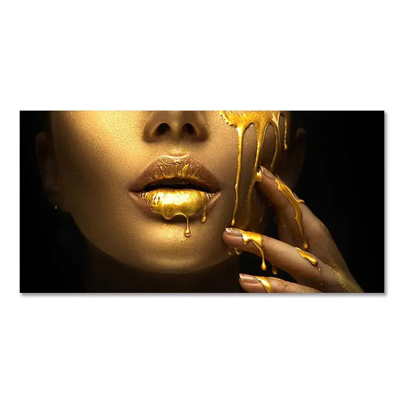 Decorbites™ oil painting of black women with golden lips oil dripping artistically down face and fingers in metallic flow
