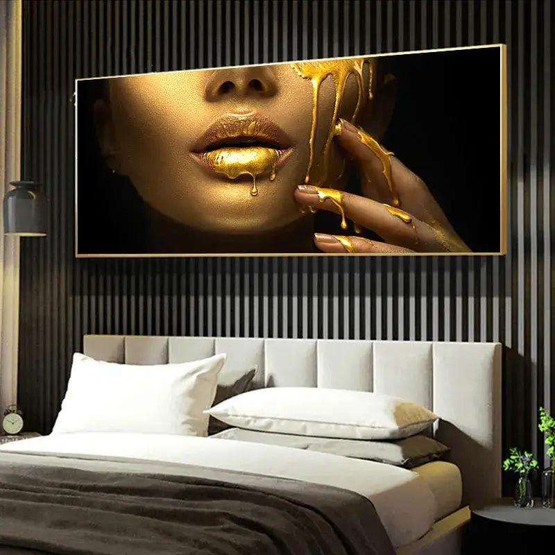 Decorbites black women with golden lips oil painting on canvas with gold dripping and minimalist frame above bed