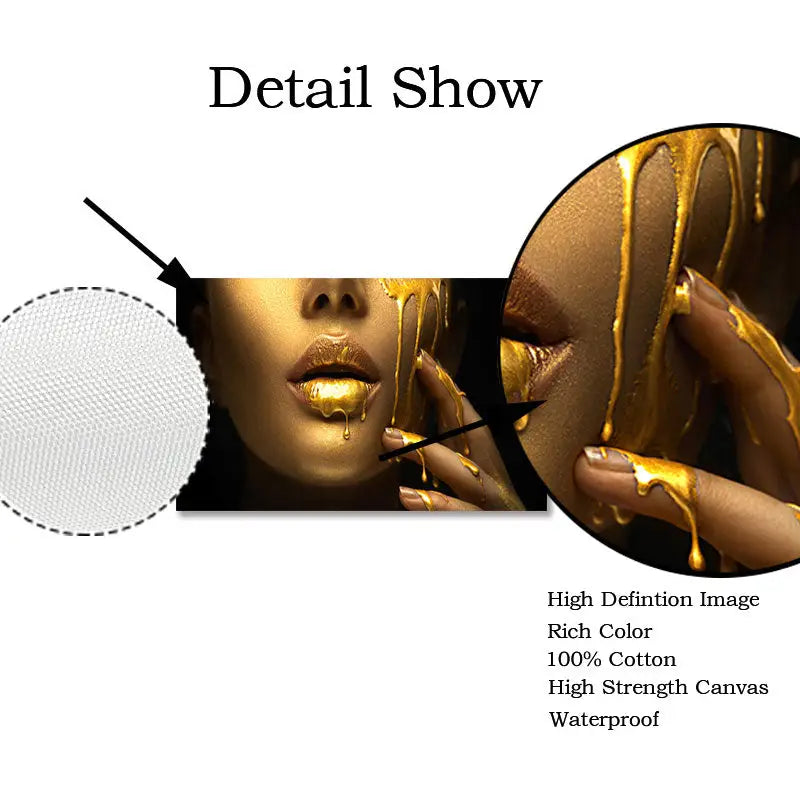 Decorbites™ oil painting of black women with golden lips on gold-dripping 100% cotton canvas portrait art