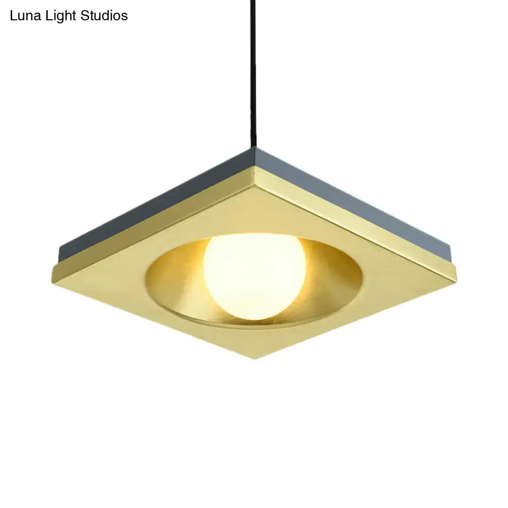 DecorBites blue and gold pendant light with brushed brass square frame matte gray accents and warm bulb base for bedrooms