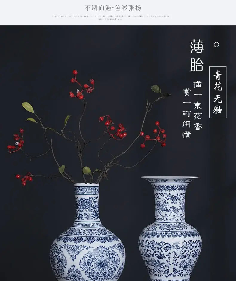 Two elegant blue and white ceramic vases with intricate floral patterns for sophisticated home decor by decorbites