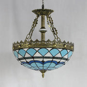 DecorBites blue baroque bowl stained glass pendant light with antique brass finish and blue white geometric shade for libraries