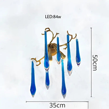 Decorbites blue crystal teardrop pendant wall sconce with gold branching arms for elegant dining room lighting