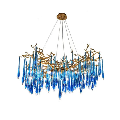 Elegant decorbites blue crystal chandelier with gold branching arms and teardrop crystals for dining room lighting