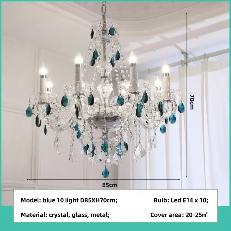 Elegant decorbites blue crystal chandelier with teal teardrop accents and clear glass droplets for living room lighting