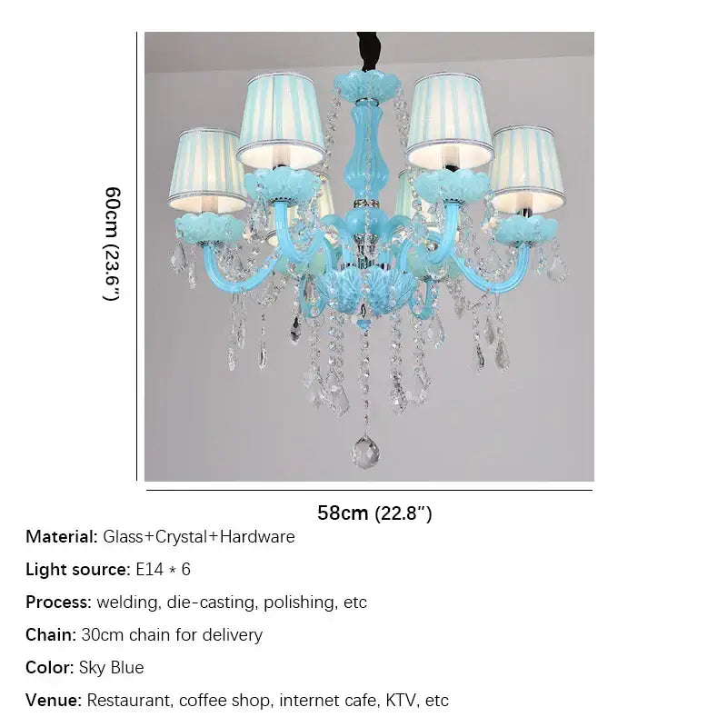 Sky blue glass decorbites blue crystal lamp candle chandelier with crystal droplets and striped lampshades for living room