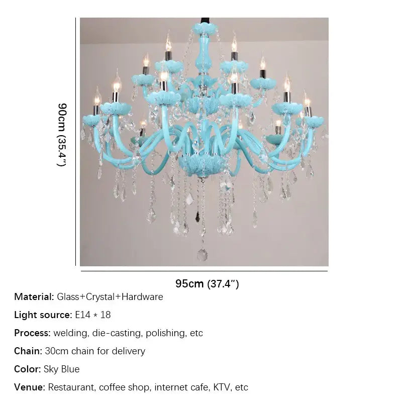 Sky blue glass and crystal decorbites blue lamp candle chandelier with 18 candle-style lights for living room use