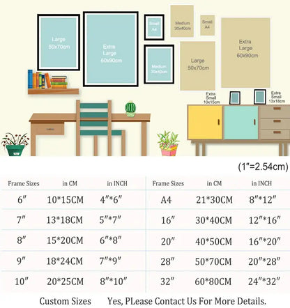 A chart showing frame size options in cm and inches for DecorBites™ blue flowers print living room decor