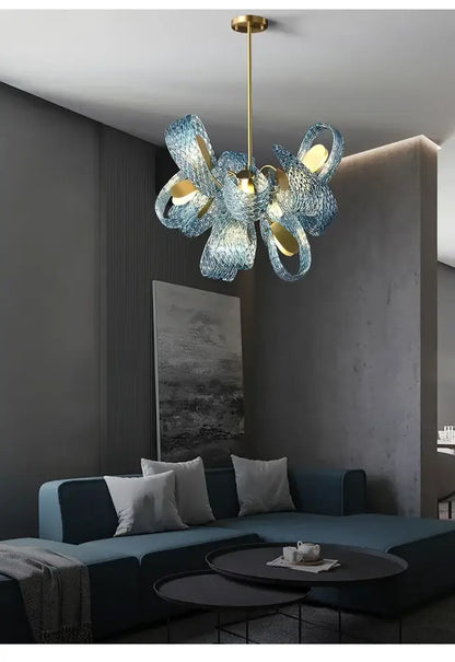 Blue glass led pendant lamps by DecorBites with gold accents modern designer lighting fixture hanging from ceiling