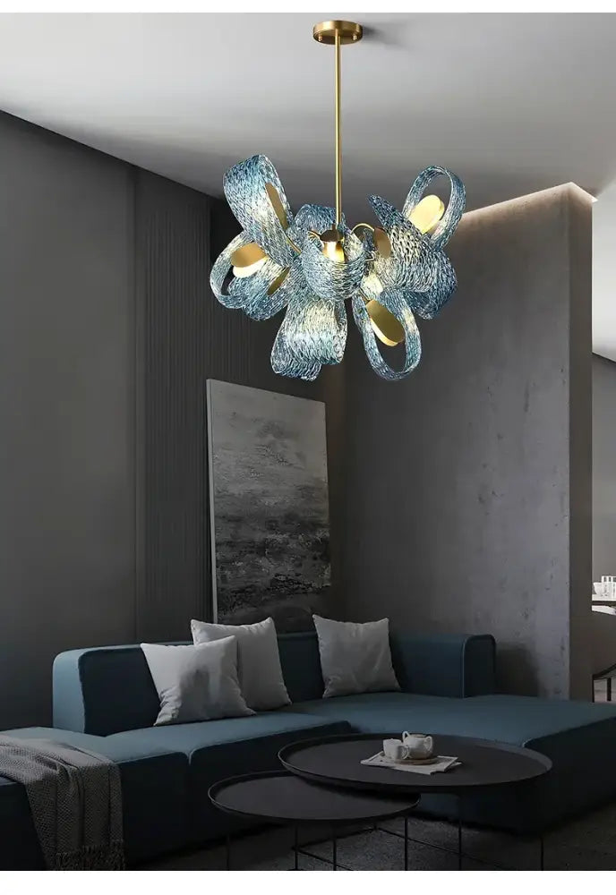 Blue glass led pendant lamps by DecorBites with gold accents modern designer lighting fixture hanging from ceiling