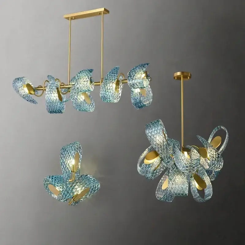 DecorBites™ modern blue glass led pendant lamps with gold-toned metal accents and sculptural design