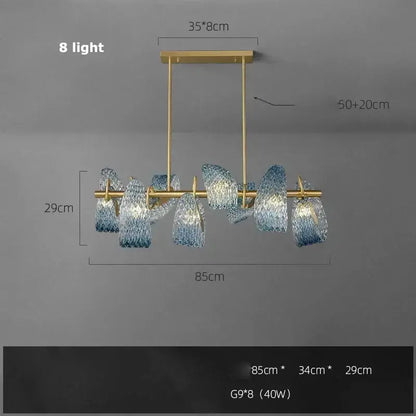 Decorbites™ modern pendant lamps with blue glass led shades and gold-toned metal frame with eight lights