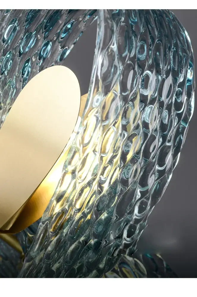 DecorBites blue glass LED pendant lamps feature a modern teal-tinted textured glass design with gold circular accents