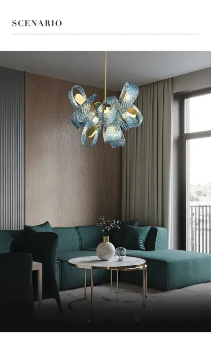 Decorbites blue glass led pendant lamps featuring a blue glass chandelier with gold accents hanging from ceiling