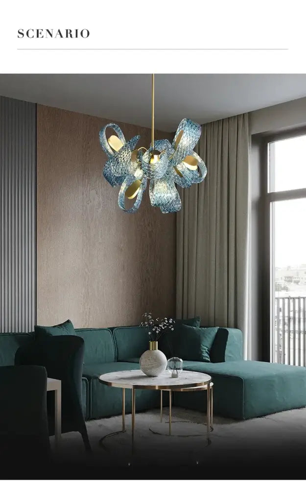 Decorbites blue glass led pendant lamps featuring a blue glass chandelier with gold accents hanging from ceiling