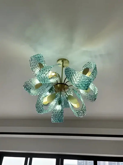 Decorbites™ blue glass led pendant lamps featuring a delicate turquoise glass chandelier with gold-toned structure
