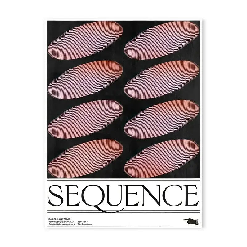 Black poster from DecorBites™ featuring eight pinkish-red ovals with white stripes and bold sequence text, a japanese abstract print