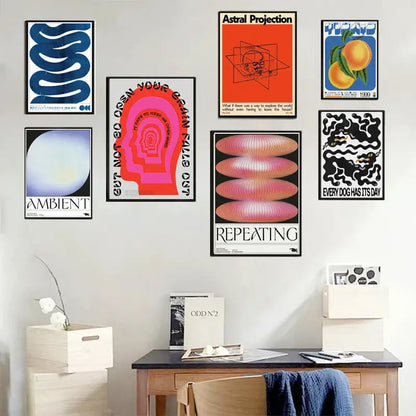 A collection of framed decorbites™ posters featuring bold blue wave japanese abstract print designs in vibrant colors