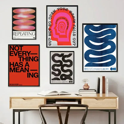 Set of five framed posters featuring bold graphic designs and vibrant colors in a japanese abstract print style