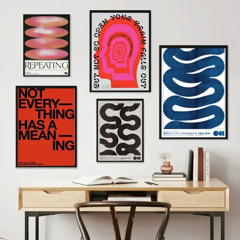 Set of five framed posters featuring bold graphic designs and vibrant colors in a japanese abstract print style