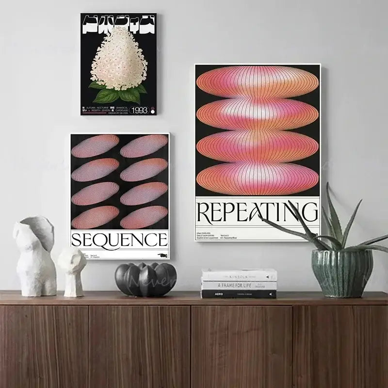 Three framed decorbites™ blue wave japanese abstract print posters with minimalist black white and pink gradient designs