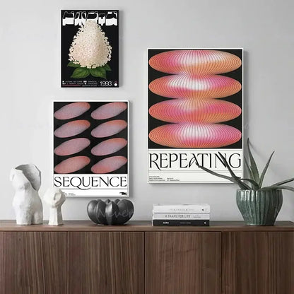 DecorBites™ blue wave japanese abstract print poster with black backgrounds pink-orange gradients and botanical designs
