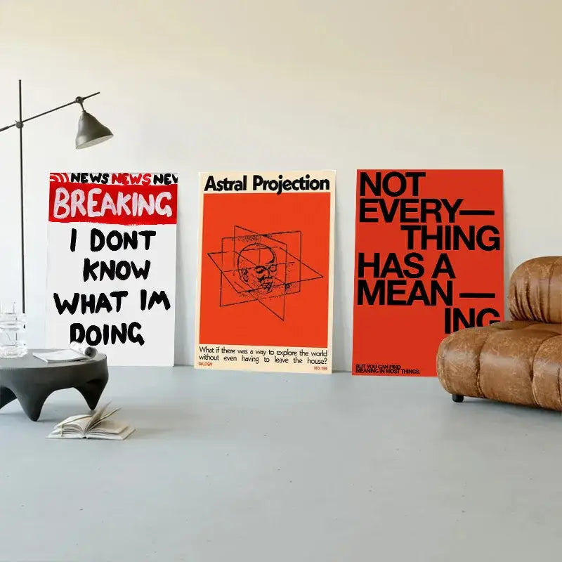Three minimalist art posters featuring bold typography and a decorbites™ blue wave japanese abstract print poster