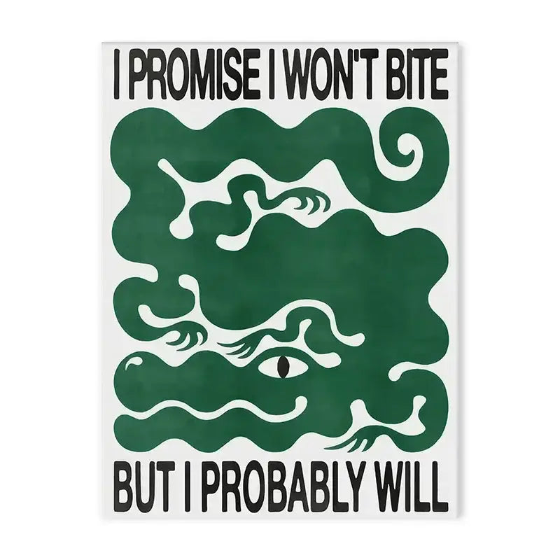 A white rectangular decorbites™ poster with bold black text and a stylized green snake in a japanese abstract print style