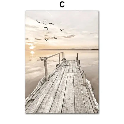 Decorbites™ bohemia beach landscape canvas wall art featuring a weathered wooden dock under a soft sunset sky
