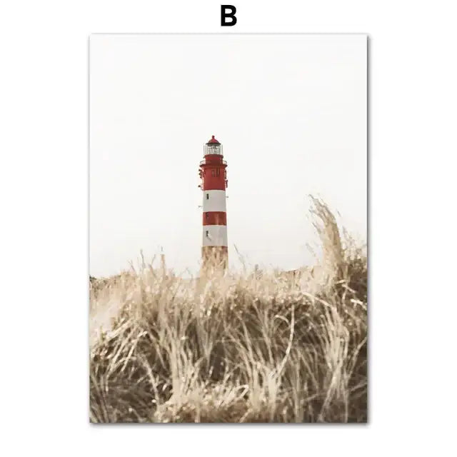 DecorBites™ bohemian beach landscape canvas wall art featuring a red and white lighthouse with beige flower grass