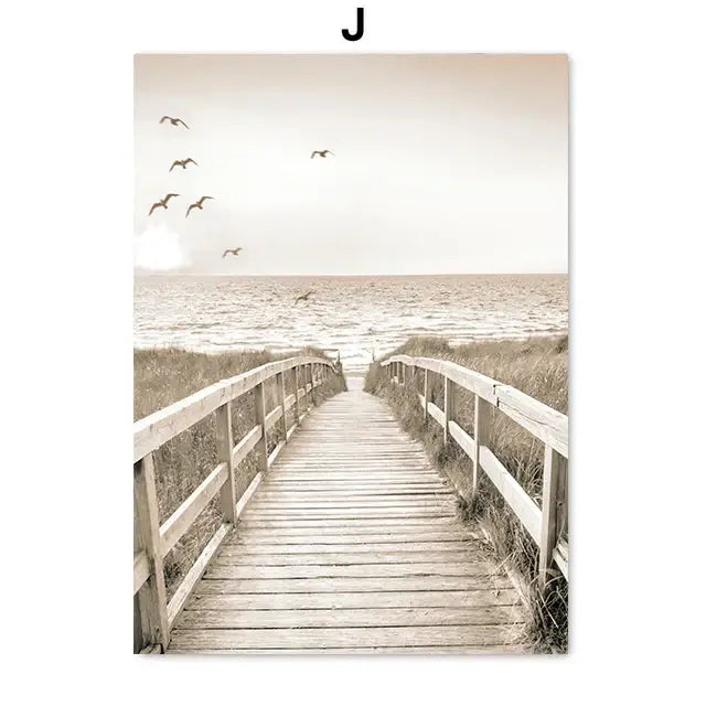 DecorBites™ bohemian beach landscape wall art features a sepia-toned wooden boardwalk with dunes and birds in flight