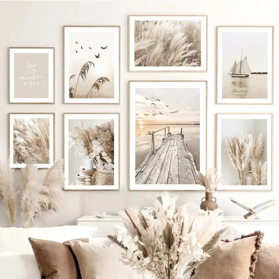 Set of six framed wall art prints featuring bohemian beach landscape scenes in beige tones with minimalist white frames