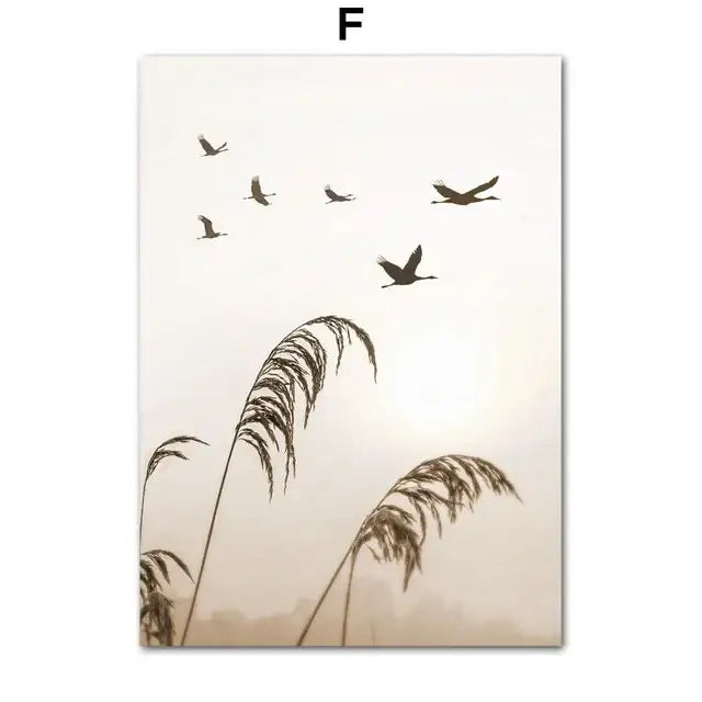 Decorbites™ bohemian beach landscape wall art featuring silhouetted birds above beige reeds on canvas print