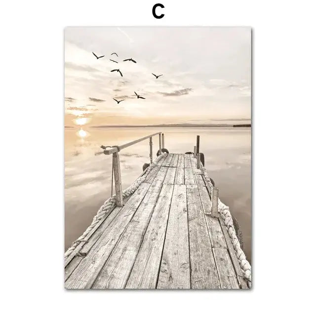 DecorBites™ bohemian beach landscape canvas wall art showing a weathered wooden dock with beige flower grass