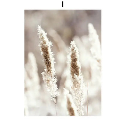 Decorbites™ bohemian beach landscape wall art print featuring soft feathery pampas grass plumes in beige and cream tones