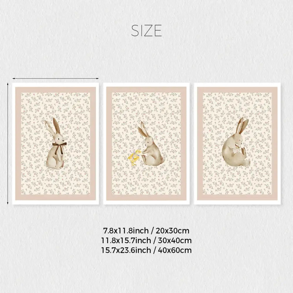 DecorBites™ bohemian style wall art set featuring three framed prints of beige rabbits with soft pink backgrounds