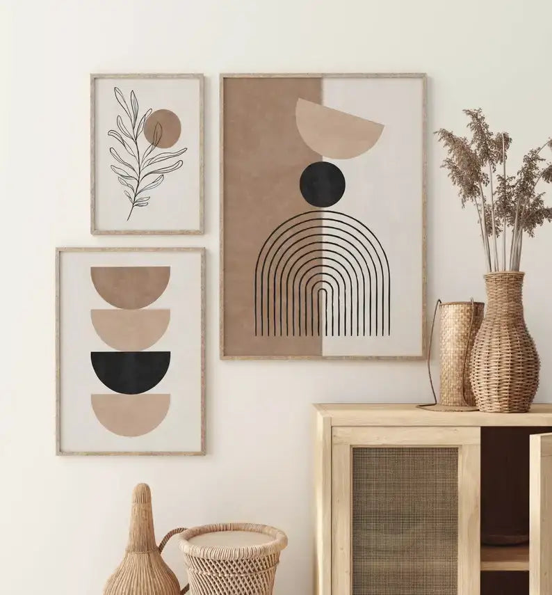 Decorbites™ bohemian geometric plant wall art set with beige and black abstract prints in minimalist wooden frames wall art set