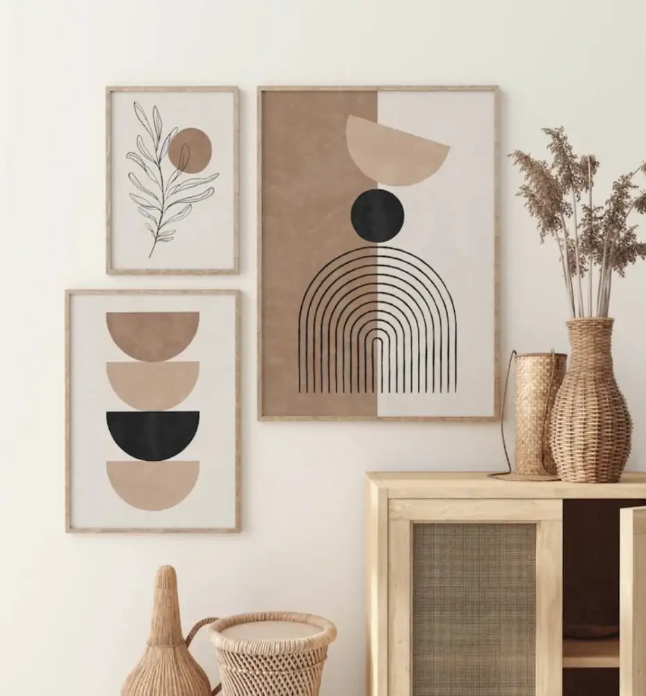 Minimalist beige and black abstract wall art set in light wood frames from DecorBites™ Bohemian geometric plant collection