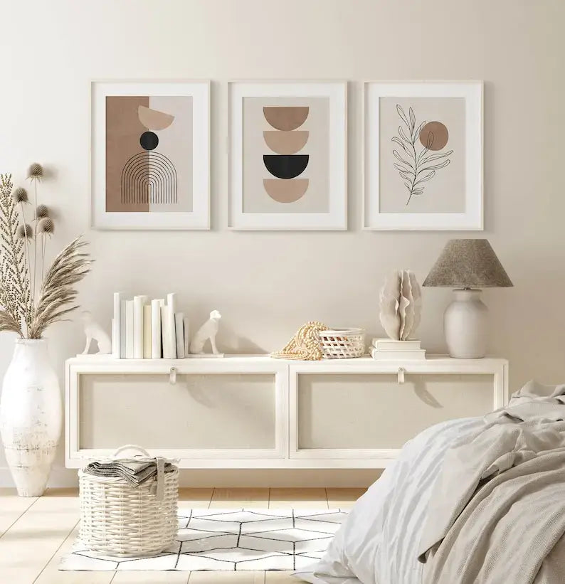Three framed decorbites™ bohemian geometric plant wall art set with minimalist white frames and botanical designs